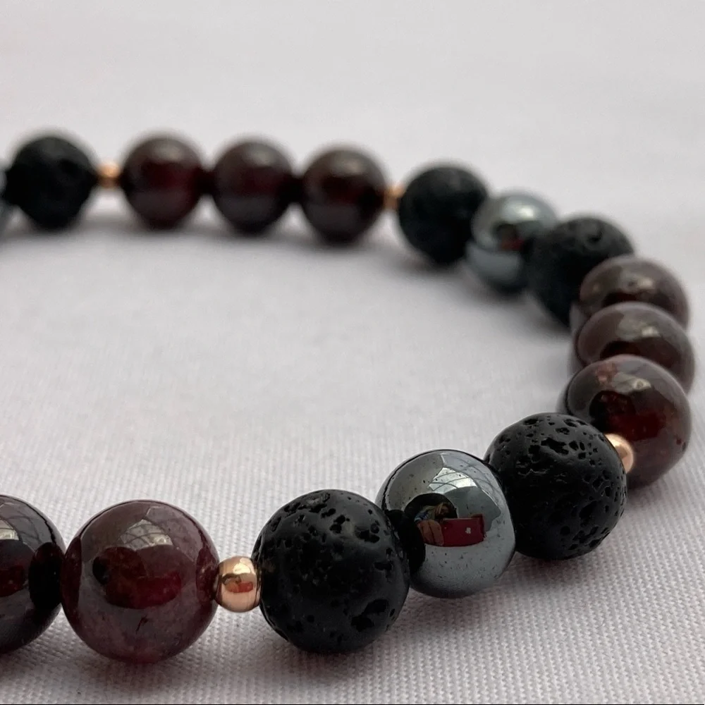 GARNET and Lava Stretch Beaded Bracelet 7.5”